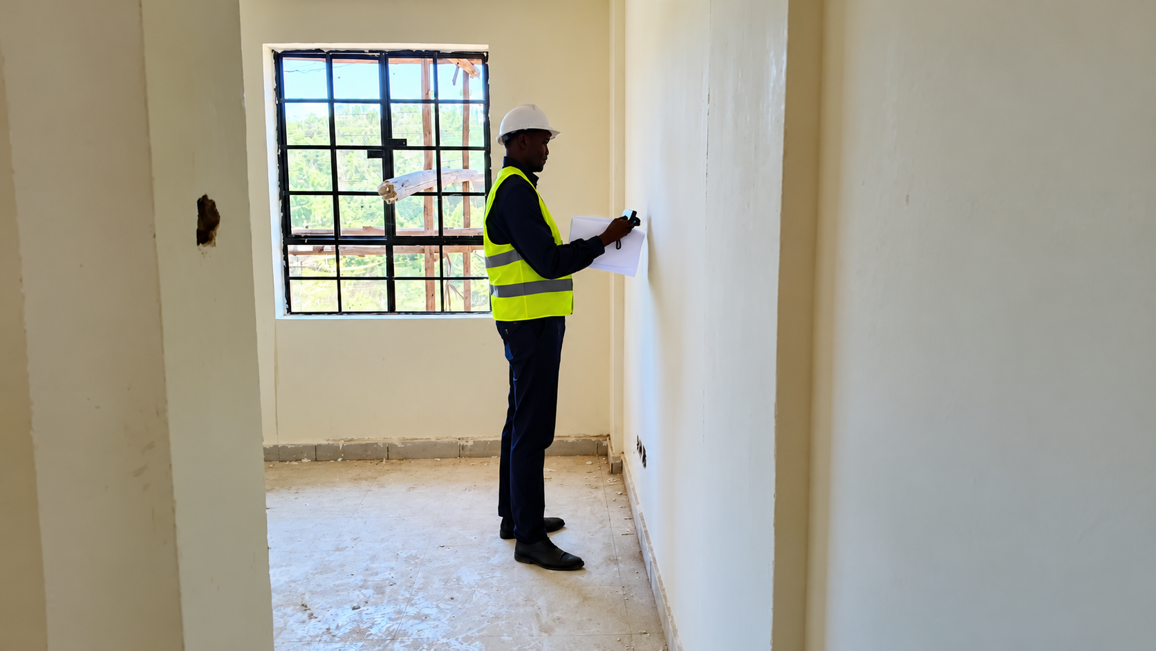 Services construction inspector reviewing plans